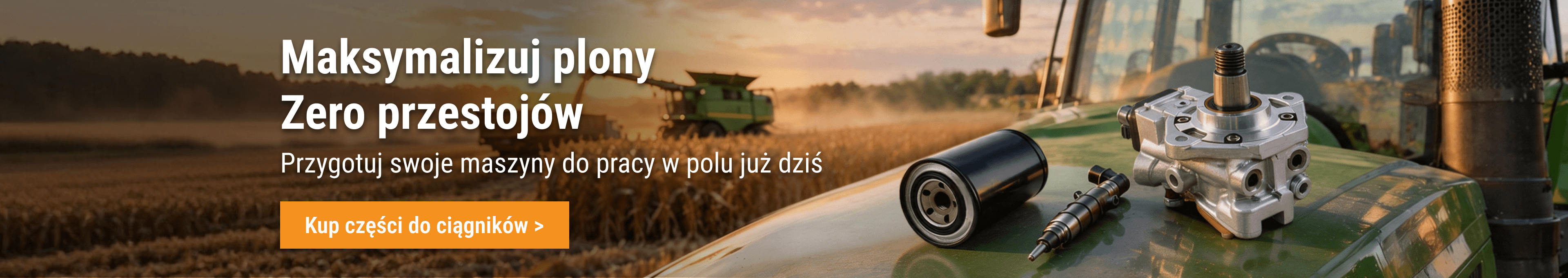 Części do ciągników FridayParts: pompa hydrauliczna, filtr oleju i wtryskiwacz na maszynie rolniczej.