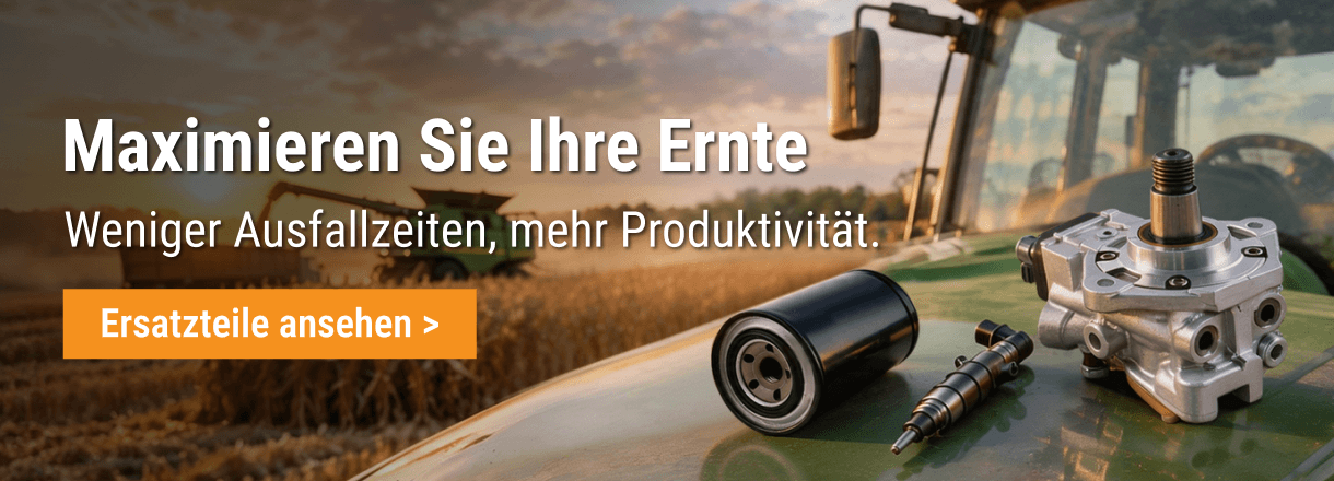 FridayParts Ersatzteile für Traktoren: Hydraulikpumpe, Ölfilter und Einspritzdüse auf einer landwirtschaftlichen Maschine.