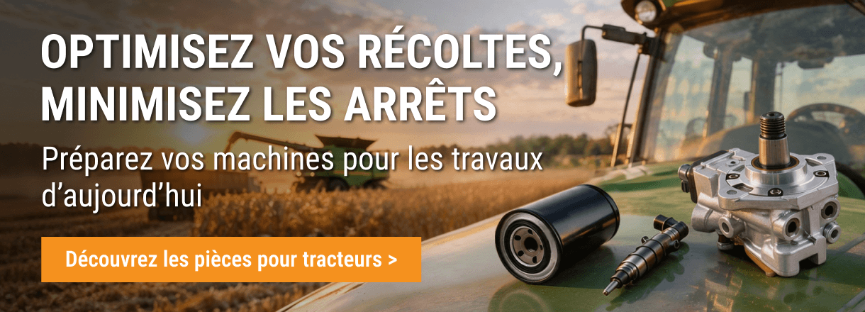 Pièces de tracteur FridayParts avec pompe hydraulique, filtre à huile et injecteur sur une machine agricole.