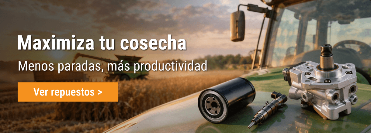 Repuestos para tractores FridayParts con bomba hidráulica, filtro de aceite e inyector sobre una máquina agrícola.