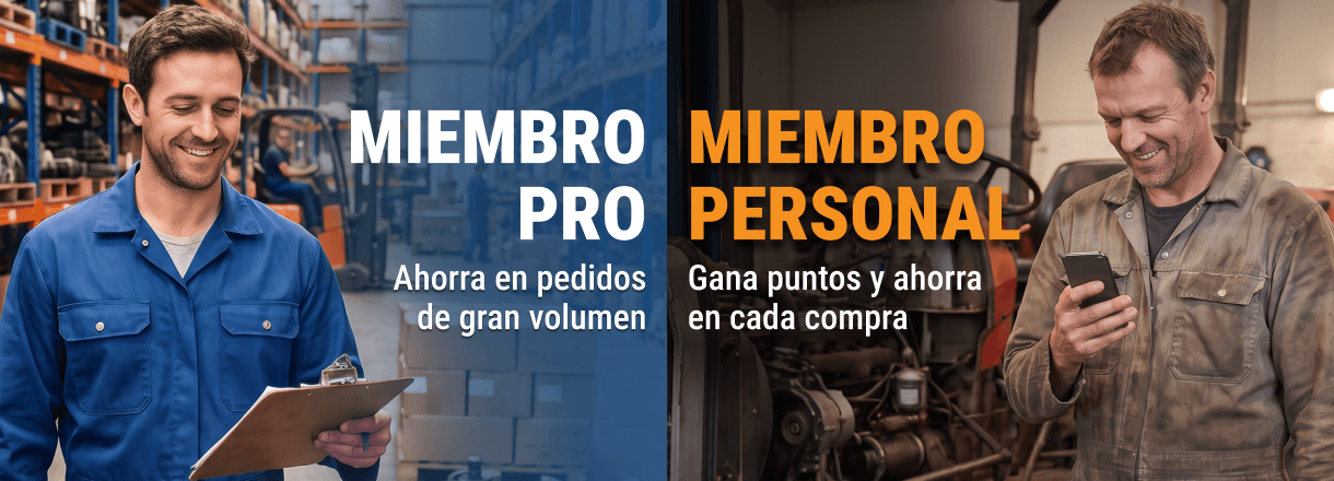Trabajadores en almacén y taller con ventajas para miembros Pro y Personal de FridayParts: ahorro y puntos.