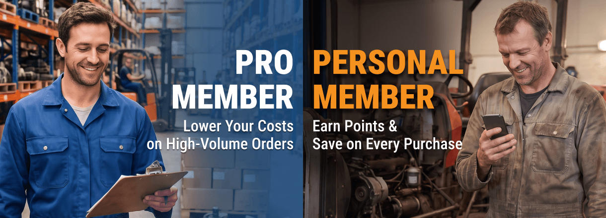 FridayParts Pro and Personal member benefits: bulk order savings and points, with warehouse and workshop workers.
