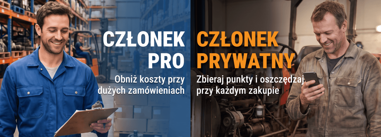 Pracownik magazynu i mechanik na banerze członkostwa FridayParts: niższe koszty dla PRO, punkty dla osób prywatnych.