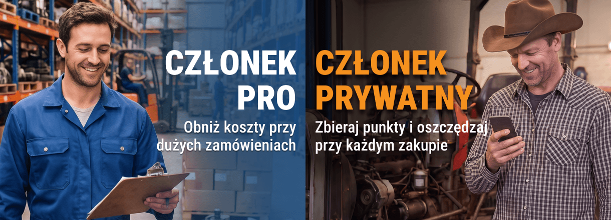 Pracownik magazynu i mechanik na banerze członkostwa FridayParts: niższe koszty dla PRO, punkty dla osób prywatnych.
