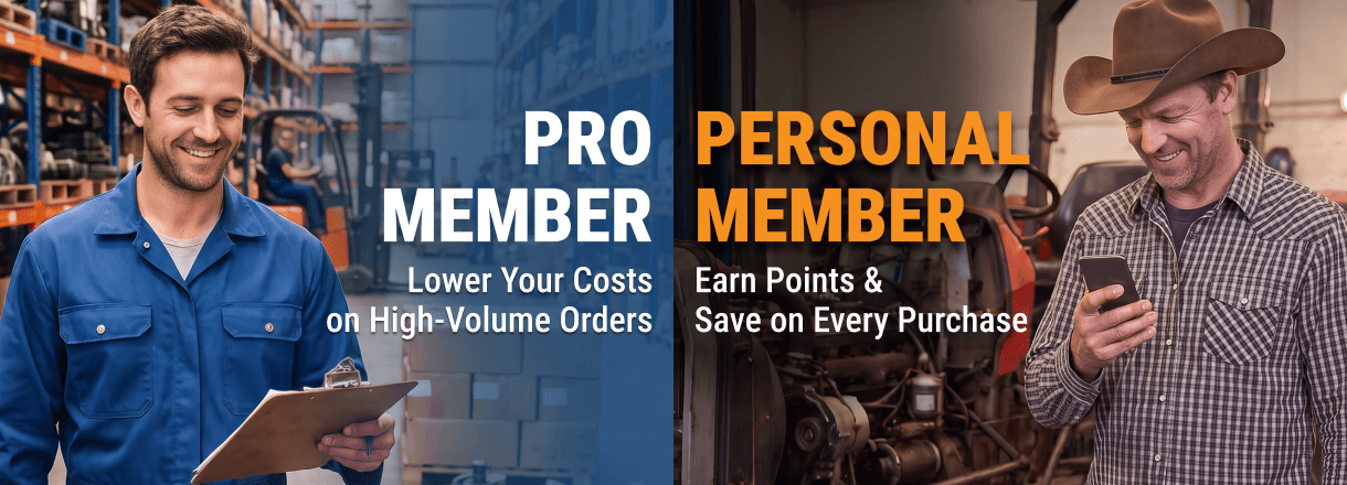FridayParts Pro and Personal member benefits: bulk order savings and points, with warehouse and workshop workers.