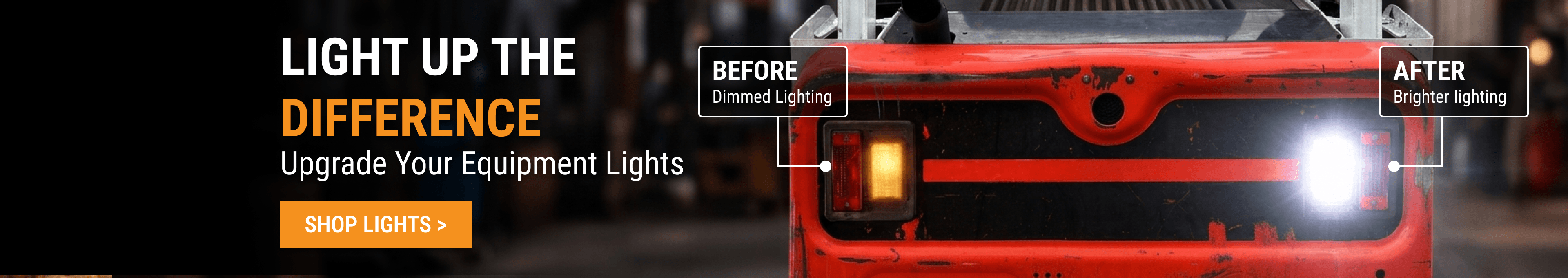 FridayParts equipment light upgrade comparison showing dim lighting before and brighter lighting after on red equipment.