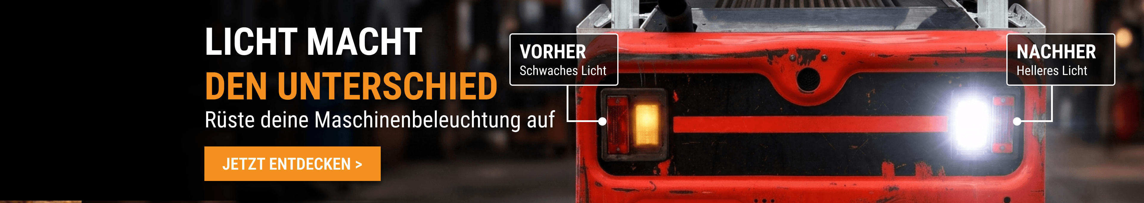 FridayParts zeigt Maschinenbeleuchtung im Vorher-Nachher-Vergleich: schwaches gelbes und helleres weißes Licht.