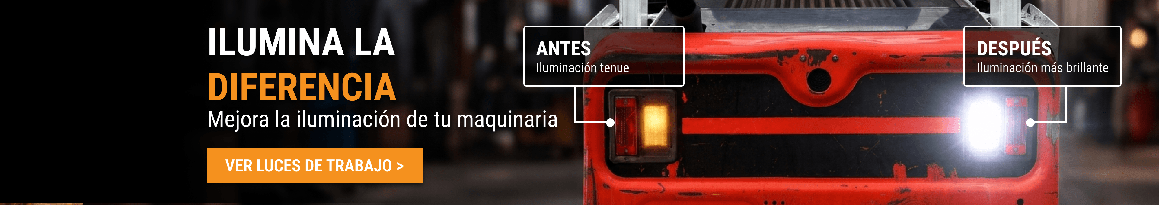 Comparativa FridayParts de luces de trabajo en maquinaria: iluminación tenue antes y más brillante después.