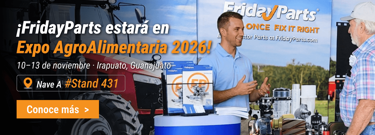 Stand de FridayParts con recambios: Expo AgroAlimentaria 2026, 10–13 de noviembre, Irapuato, nave A, stand 431.