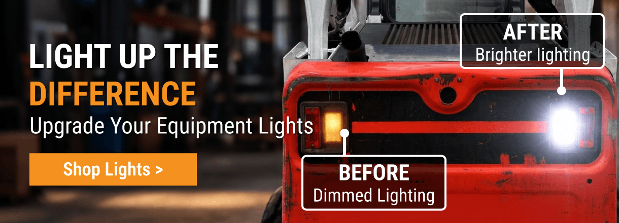 FridayParts equipment light upgrade comparison showing dim amber lighting before and brighter white lighting after.